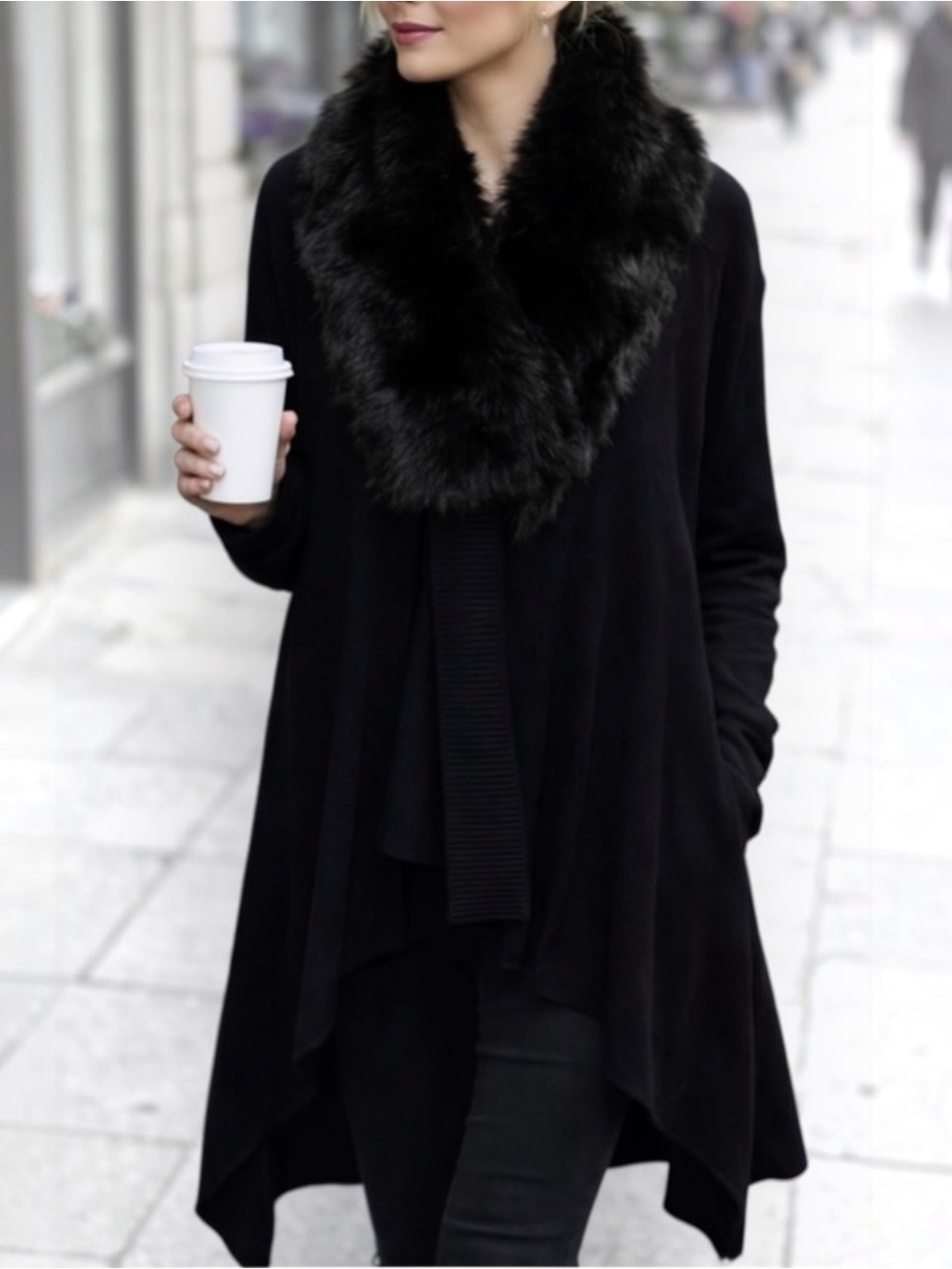 Sioni Flowy Draped Cardigan Detachable Faux Fur Collar size M Black